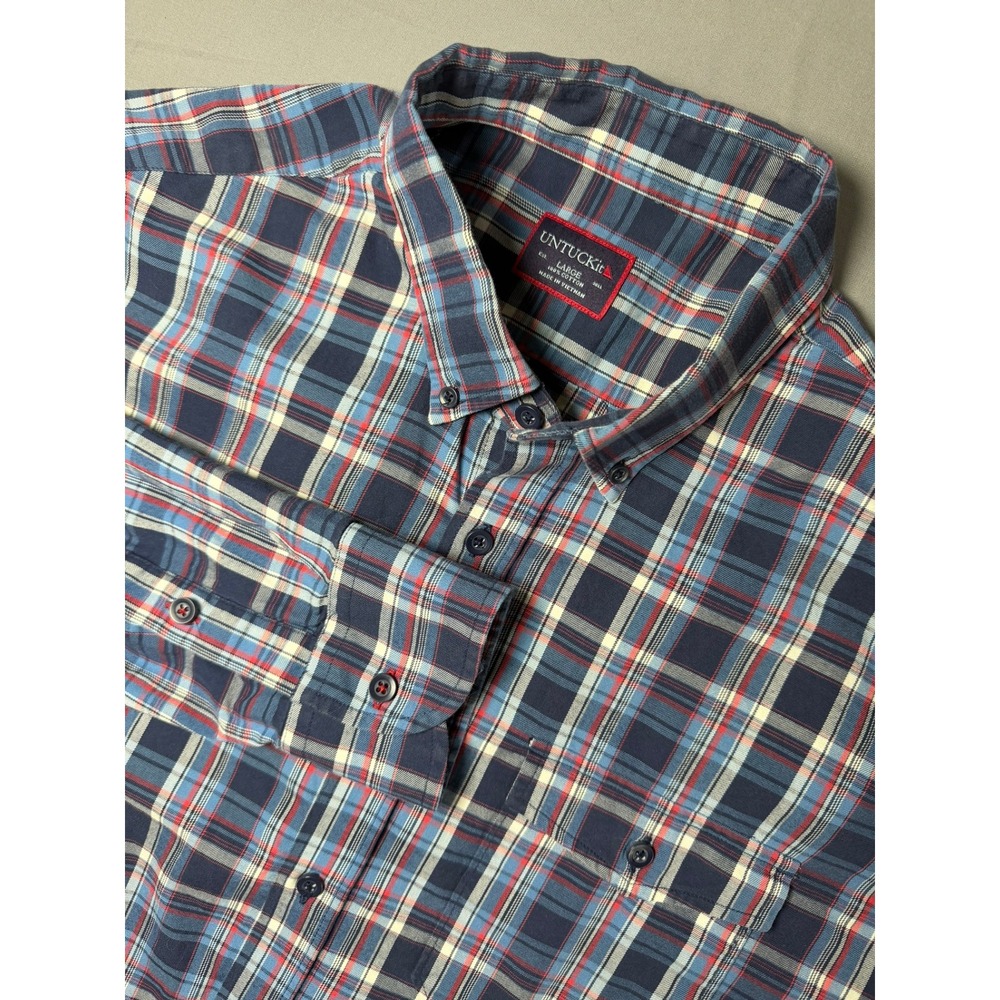 UNTUCKit Mens Large Navy Red Plaid Cotton Button Down Shirt Long Sleeve L